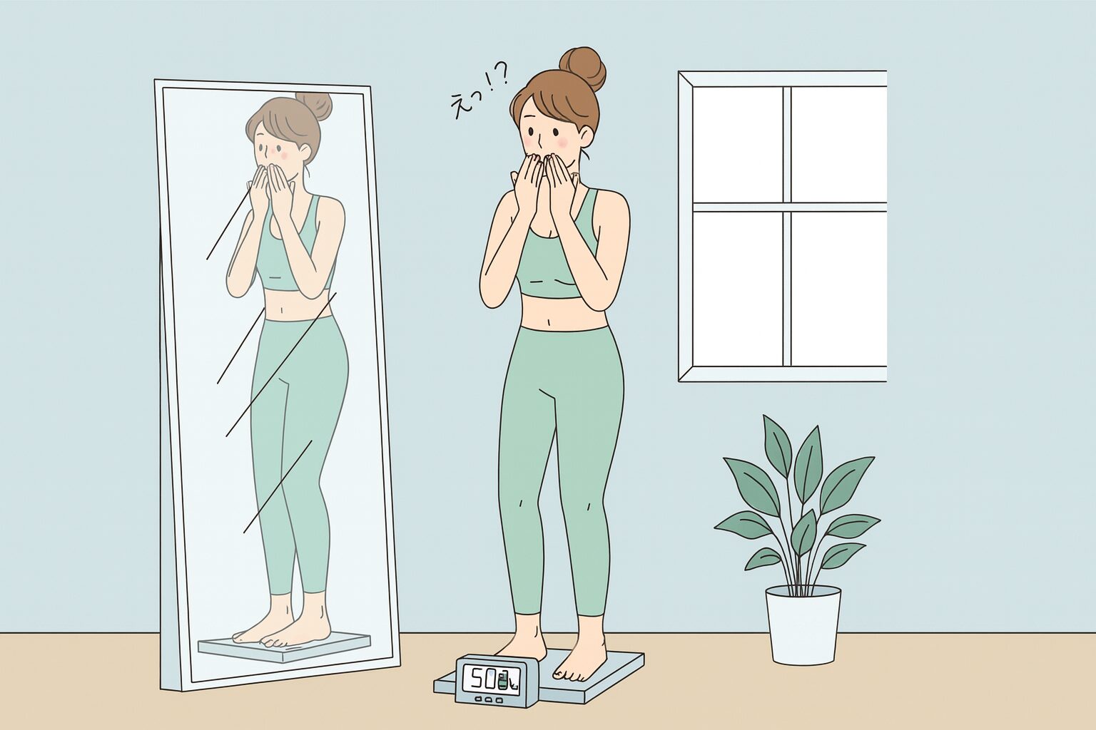 体重計に乗って驚き戸惑う女性