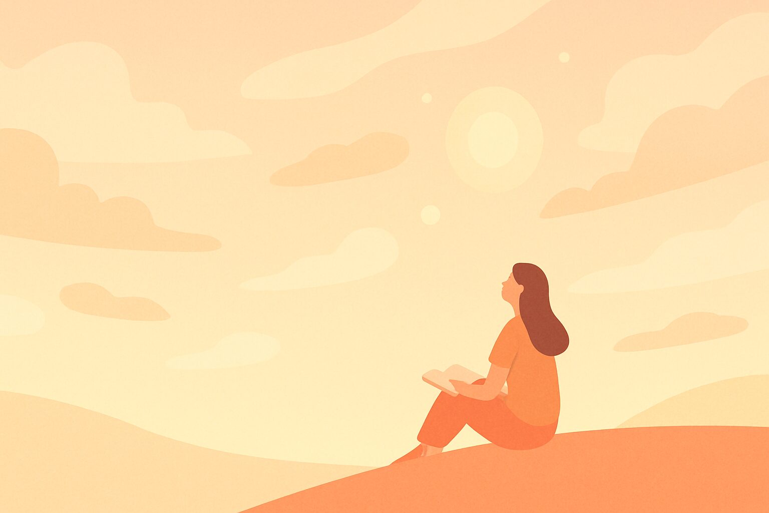 丘の上で空を見上げる女性のシルエットと暖色の空のフラットイラスト（メンタルヘルス・自己反省のイメージ）
