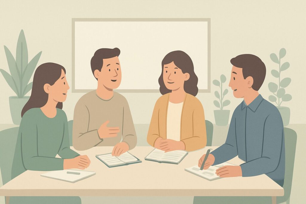 リワークの場で複数人の参加者が穏やかに意見交換をしているフラットデザインのイラスト
