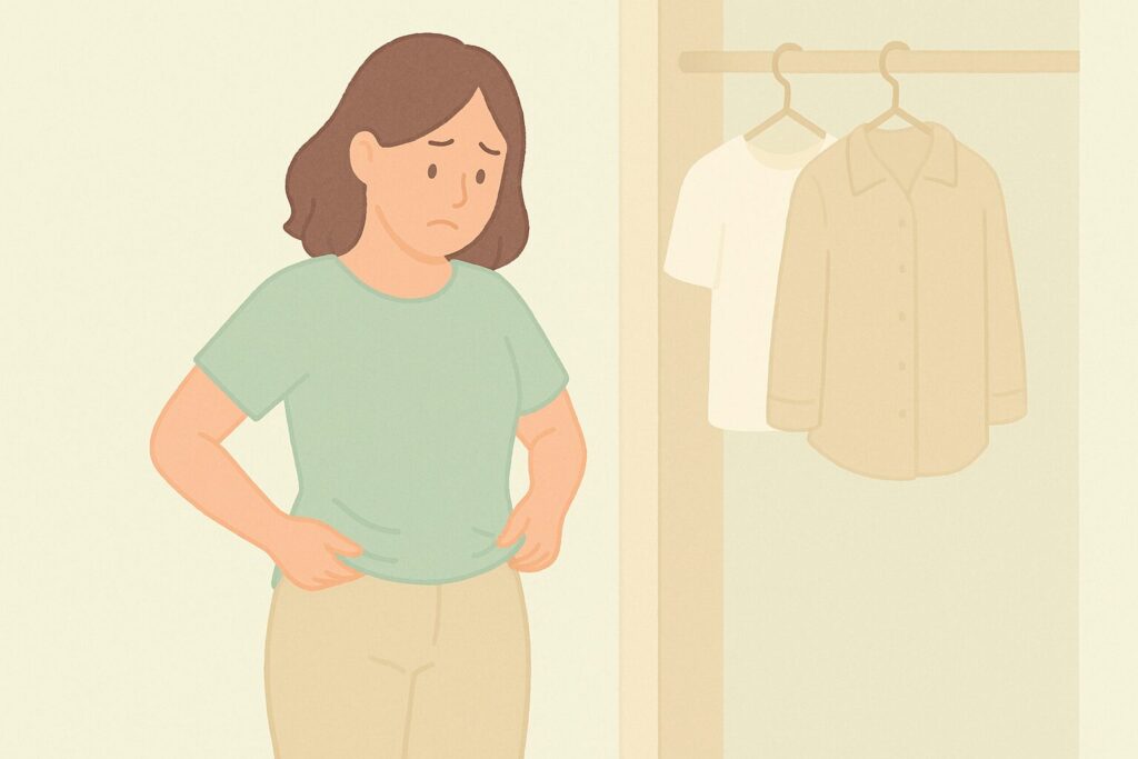 クローゼットの前で、服のきつさを気にしている女性