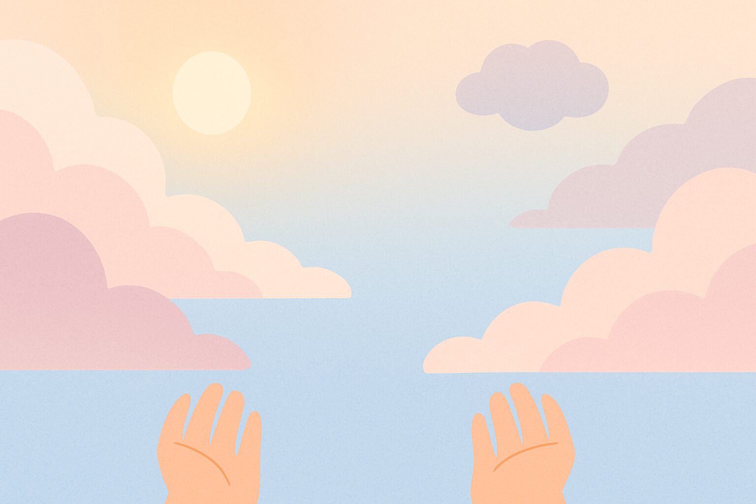 パステルカラーの雲が広がる空を見上げる両手のイラスト。左は晴れ、右は曇りがかった空で、前向きな印象。