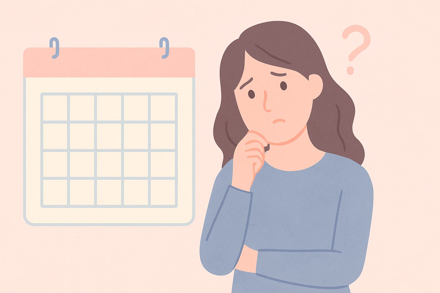 カレンダーを見て悩んでいる女性のイラスト。休職期間について考えている様子