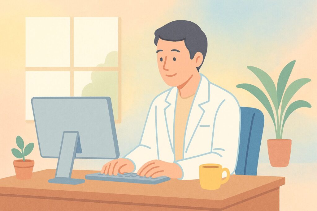 白衣を着た男性がオフィスの机でパソコン作業をしている。窓から柔らかな日差しが差し込み、机には観葉植物とマグカップが置かれた、穏やかで前向きな雰囲気のパステル調イラスト。