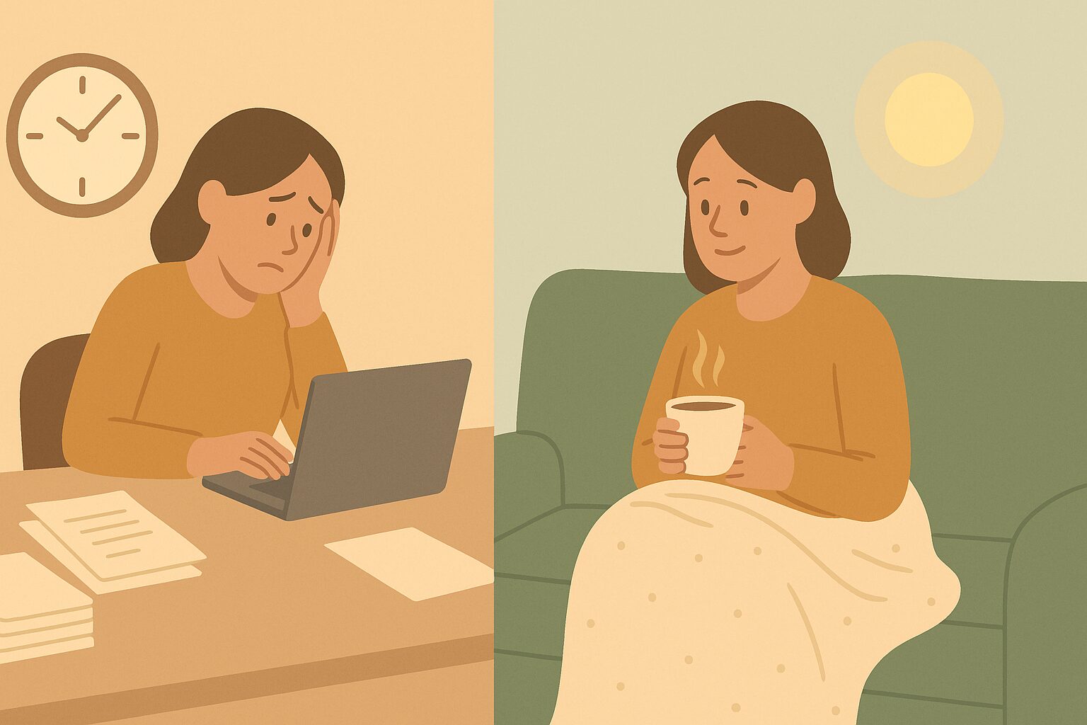 同じ女性が、左側では仕事で疲れた様子、右側では有休休暇を取り自宅でリラックスしている様子を描いた対比イラスト