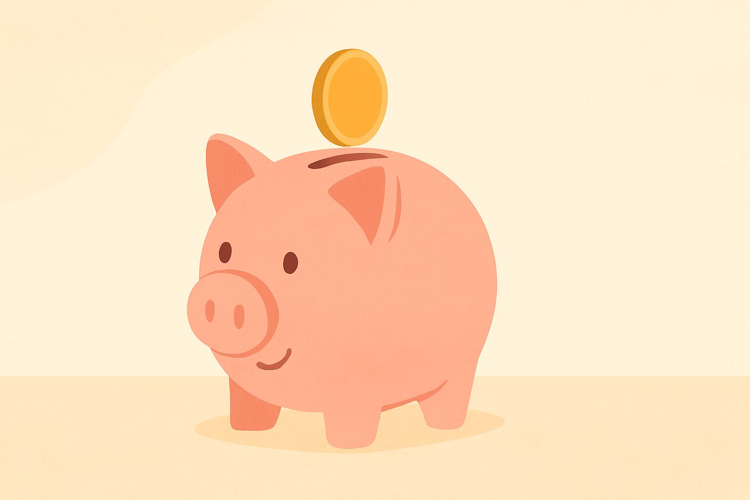 ピンクの貯金箱にコインが投入されている、ソフトなフラットデザインのイラスト