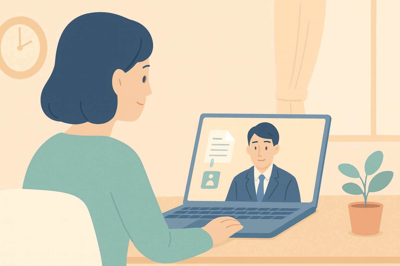 休職中の人物が自宅でオンライン面談をしている様子を描いたフラットなイラスト。落ち着いた色合いで安心感を表現。