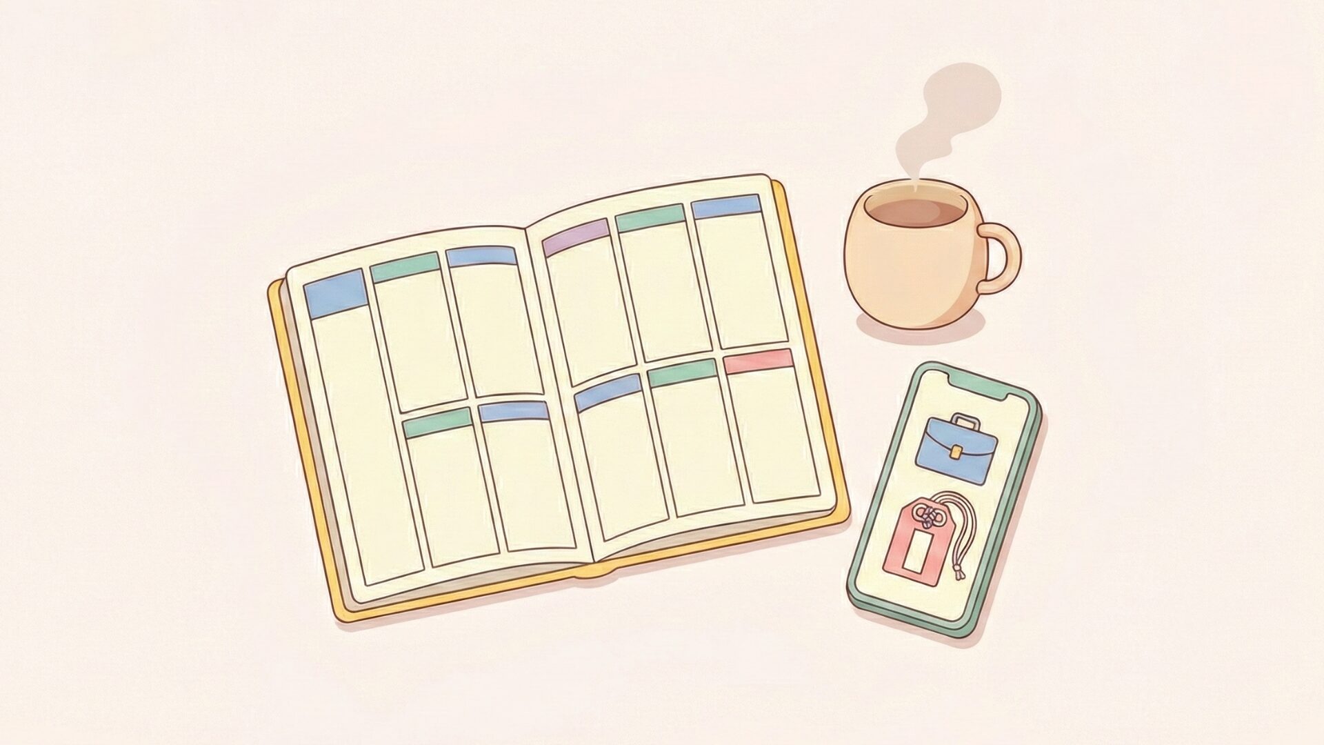開かれたスケジュール帳と、転職情報・お守りのアイコンが表示されたスマートフォン、温かい飲み物のイラスト