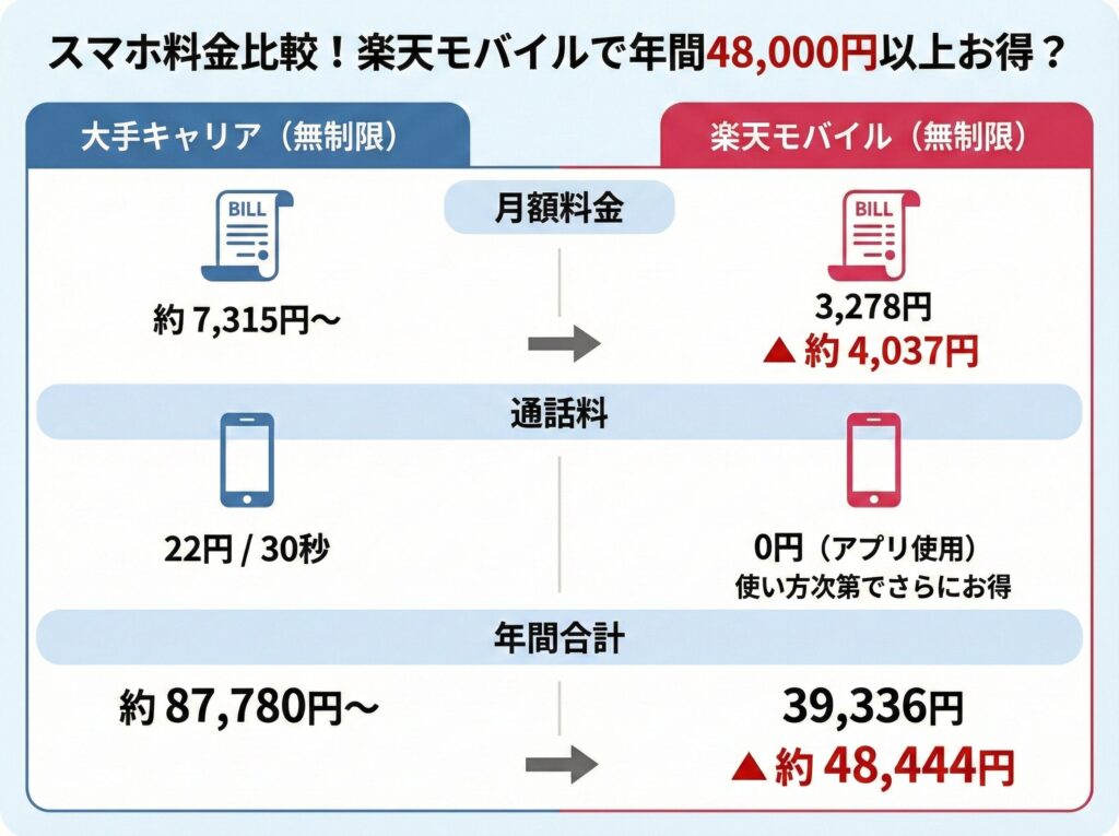 大手スマホキャリアと楽天モバイルの料金比較表